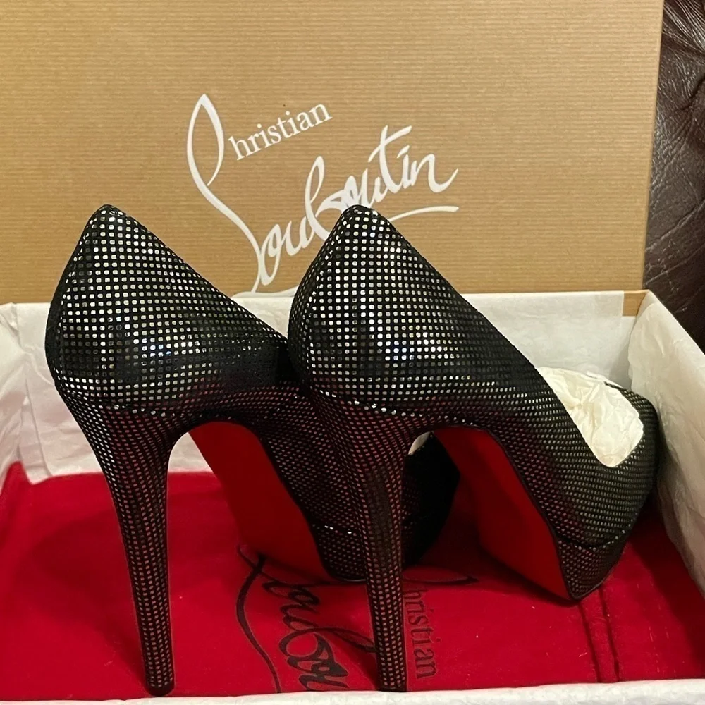 Christian Louboutin Lady Peep plaid polka glitter pump 140mm 1” platform EU38.5